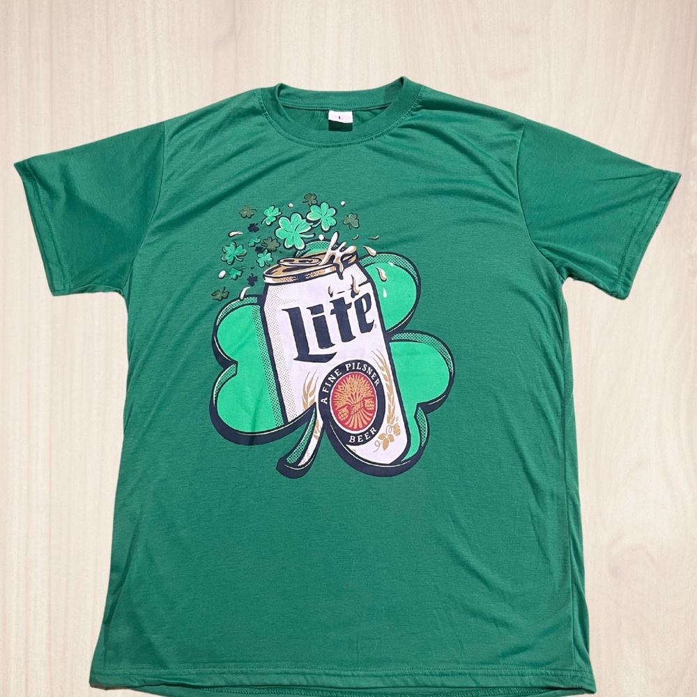 Green Unisex St Patrick’s T-Shirt with Shamrock & Miller Light Beer Can Design